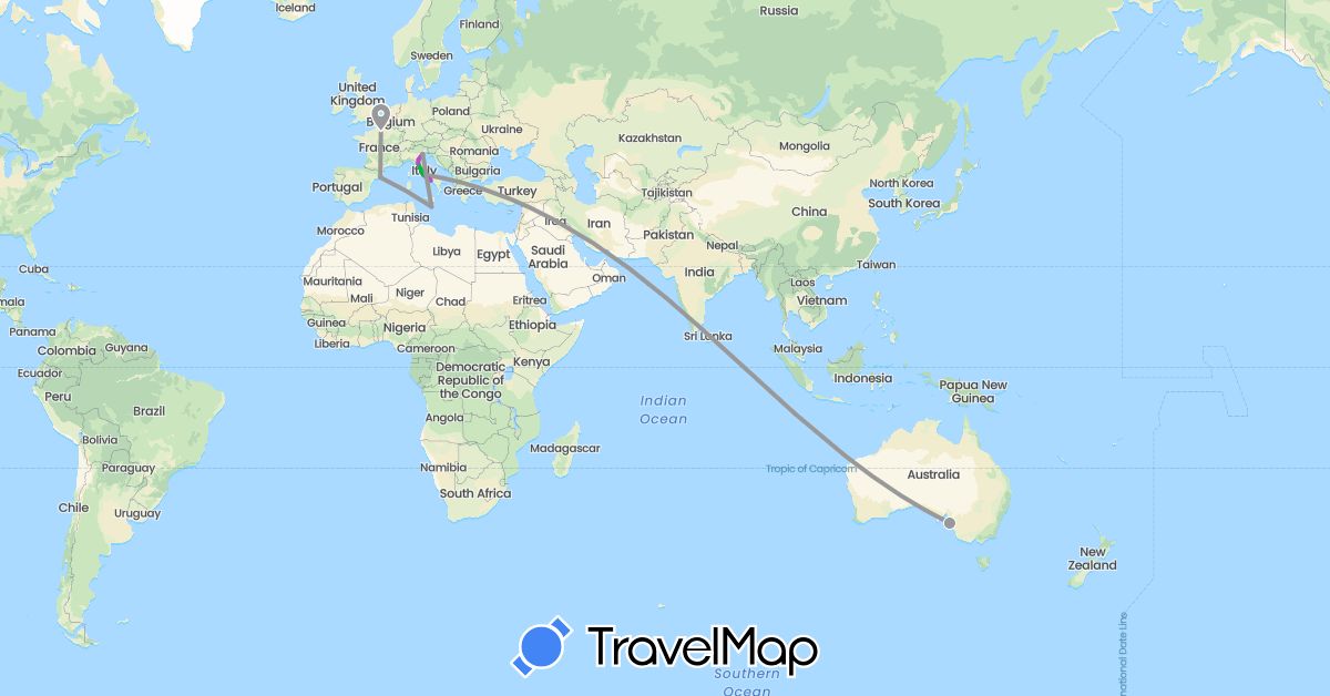 TravelMap itinerary: driving, bus, plane, train in Australia, Spain, France, Italy, Malta (Europe, Oceania)
